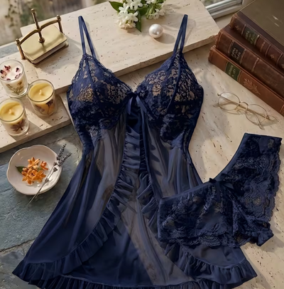 Midnight Amour – Timeless French Lace Babydoll Dress & Matching Brief Set